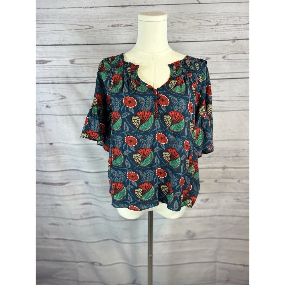 Anthropologie Maeve Poppy Top Women XS Floral Print Teal Red Boho Blouse